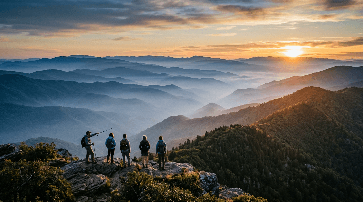 Layered blue ridgelines of the Great Smoky Mountains at sunrise, with a small guided group on a rocky outcrop