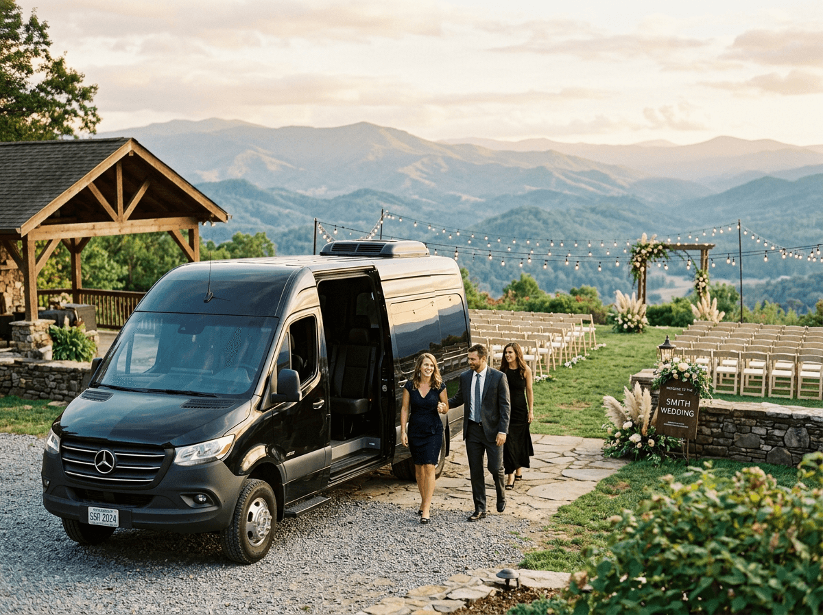 A black Sprinter van at a mountaintop wedding venue at golden hour